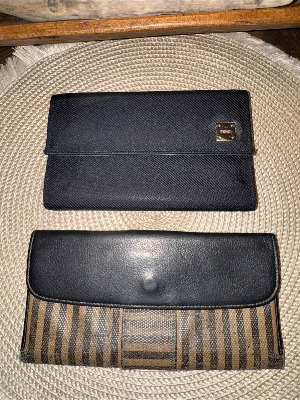 Fendi Vintage Black and Black-Brown Striped Duo-Set of 2 Wallets